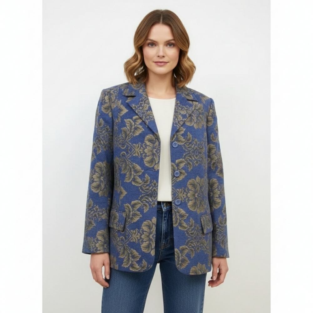 NEW Denim & Co. Blue and Gold Floral Tapestry Jacquard Blazer